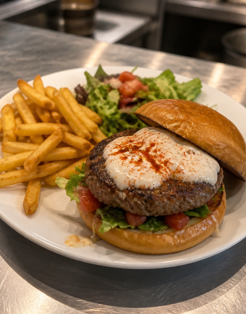 Burger boeuf, tomme blanche, chips de lard et truffe