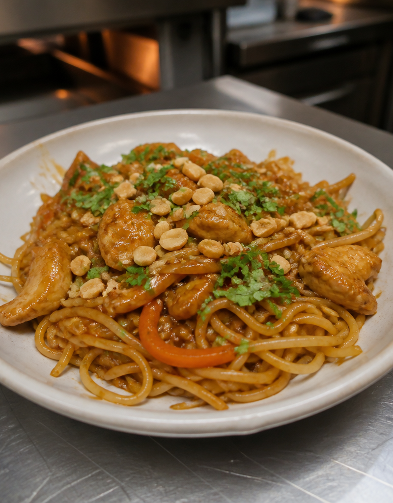 Wok de nouilles sautées au poulet sauce cacahuète